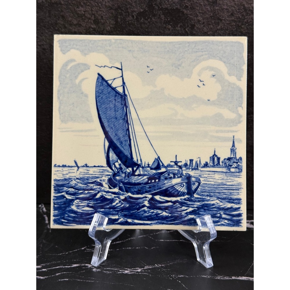 Vintage Blue and White Delfts Holland Hand Made 6X6 Tile Ship Schooner
